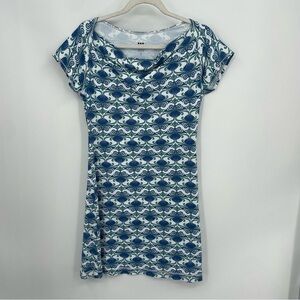 Title Nine Blue Majestic Athlesuire shirt Dress Sz S cap sleeve cowl neck ibiza